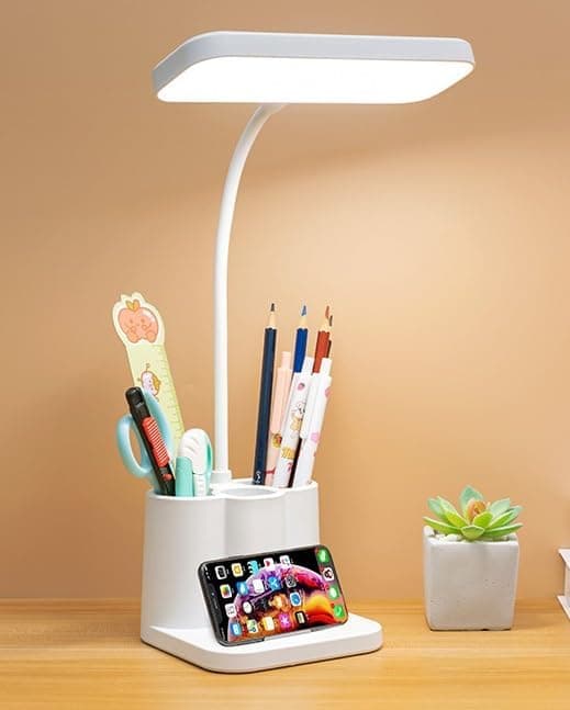 Rylan Acrylonitrile Butadiene Styrene 3 Color Table Lamp Rechargeable for Study with Phone Holder Flexible Arm LED Touch Light with Stepless Dimming Desk Lamps with Pen Holder White