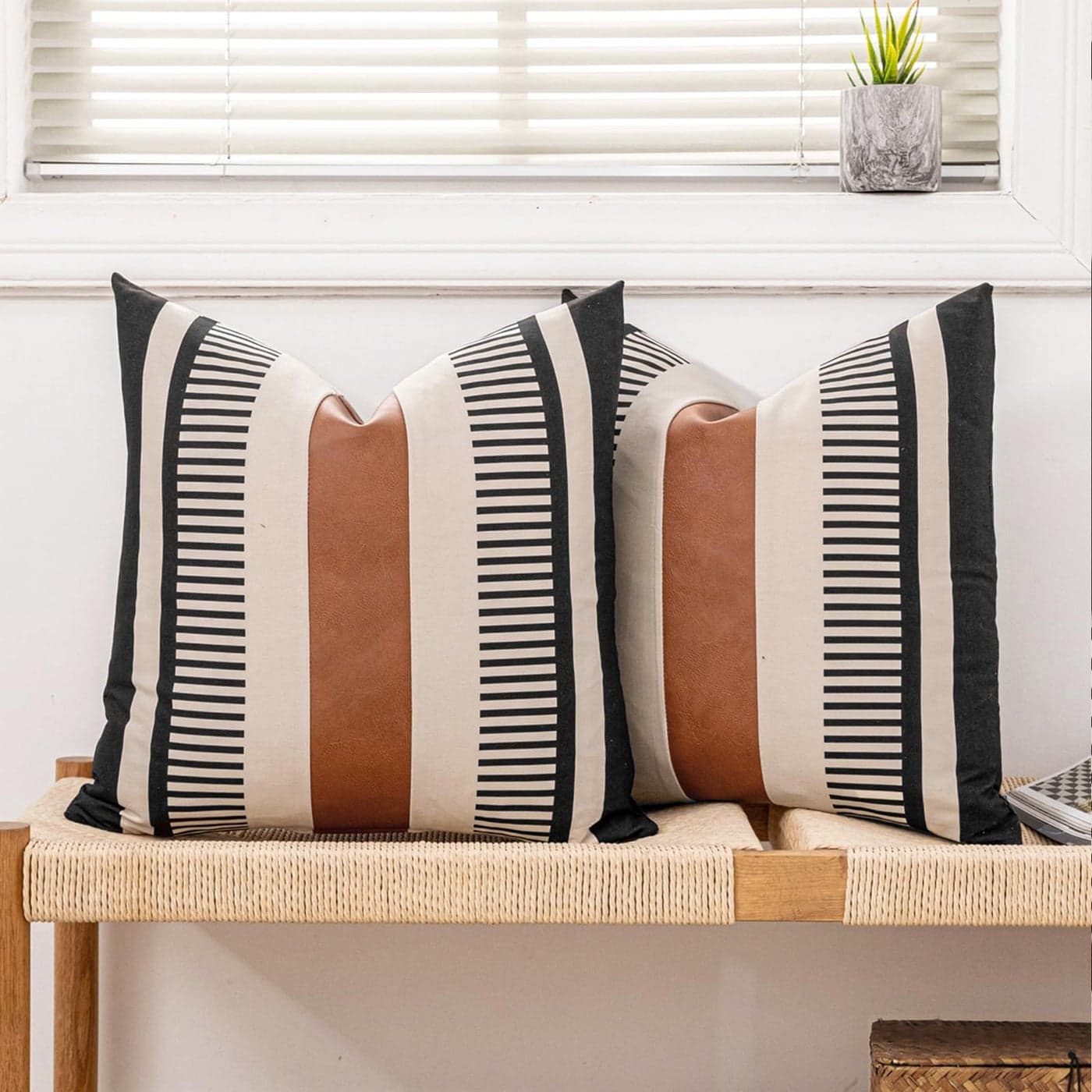 Vfuty Farmhouse Striped Pillow Cover 18x18 Boho Accent Cushion Case Faux Leather Decorative PillowcaseBlack and Beige Cover ONLY Pack of 2