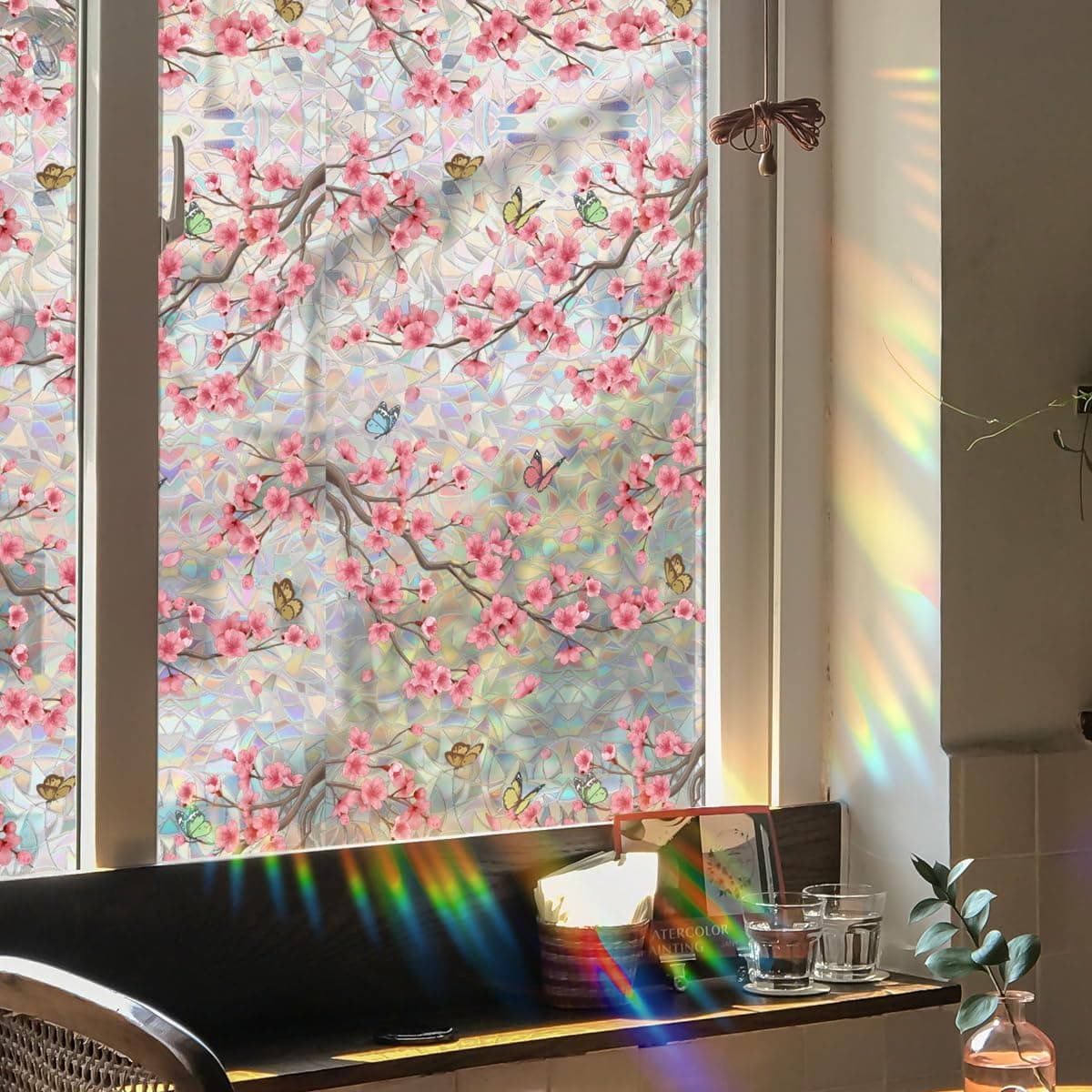Runtoo Window Privacy Film Rainbow Cherry Blossom Flower Window Clings 3D Decorative Vinyl Stained Glass Butterfly Floral Decals Static Cling Sticker NonAdhesive 1575 x 40 inches