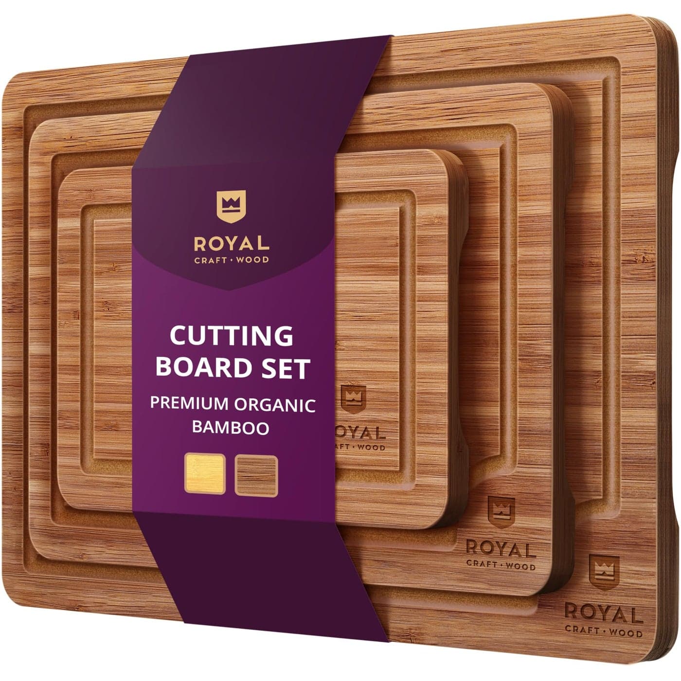 ROYAL CRAFT WOOD Wooden Cutting Boards for Kitchen Meal Prep Serving Bamboo Wood Serving Board Set with Deep Juice Groove Side Handles Charcuterie Chopping Butcher Block for Meat 3 Pcs