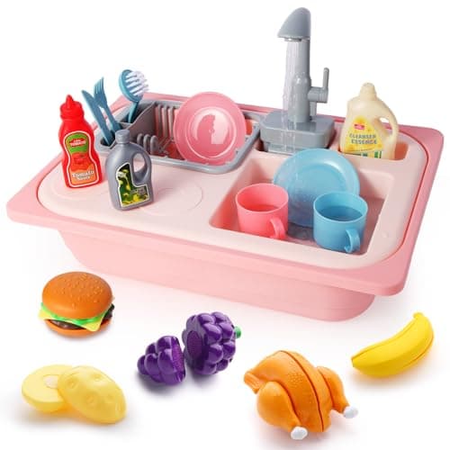 Asweets Color Changing Kitchen Sink Toys Toddler Sink Toys with Running Water Pretend Play Toys with Upgraded Faucet Automatic Water Cycle System Pink