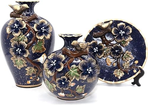 Aendu Exquisite 3D Flower Decoration Classical Decorative Ceramic Vase Set of 3 - Chinese Vases for Home Decor - Elegant Addition to Your Living Space (Blue)