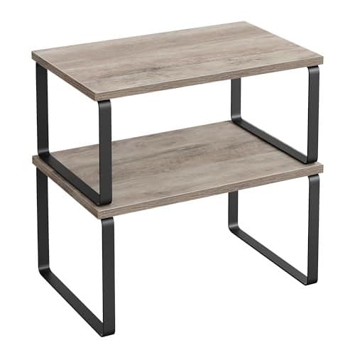 SONGMICS Cabinet Organizer Shelf, Set of 2 Kitchen Counter Shelves, Kitchen Storage, Spice Rack, Stackable, Expandable, Metal and Engineered Wood, Ink Black and Heather Greige UKCS020X02