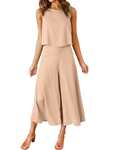 ROYLAMP Women's Summer 2 Piece Outfits Round neck Crop Basic Top Cropped Wide Leg pants Set Jumpsuits Light Khaki XL
