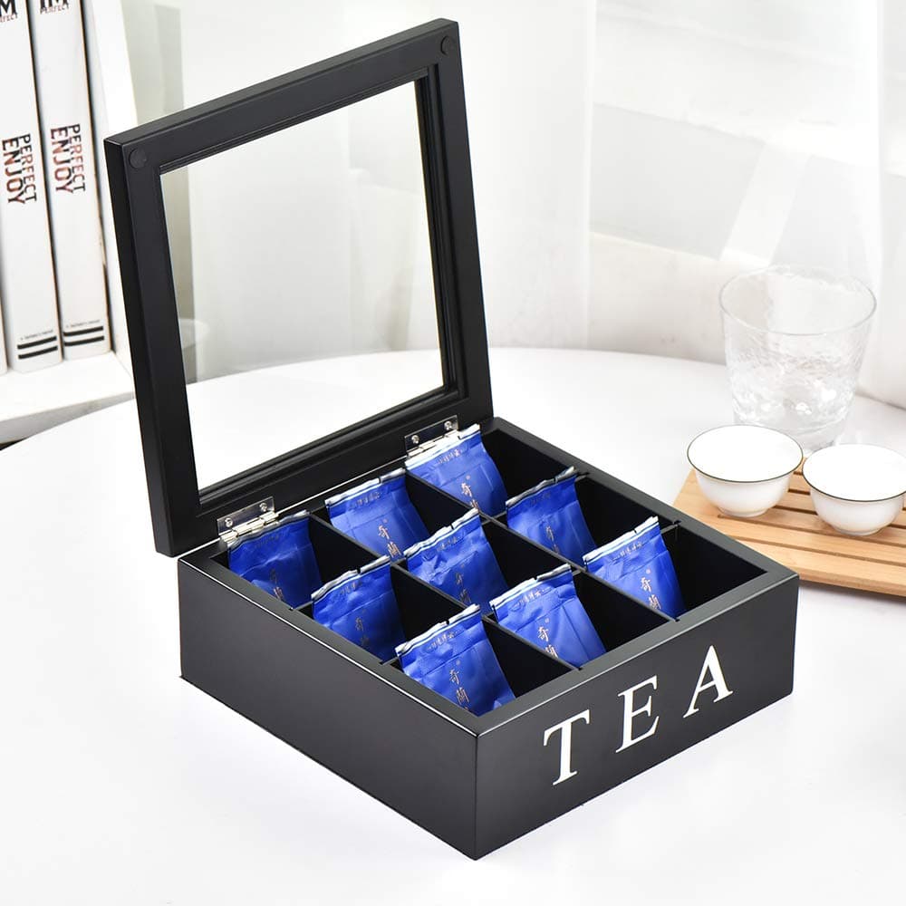 Fonture Wood Tea Storage Box Teabag Storing 9 Compartments Wooden Tea Box Hinged Glass Lid Tea OrganizerBlack