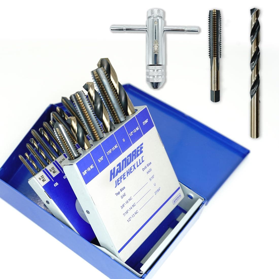 JEFEHEX 18pcs Drill and Tap Set with 1 Piece THandle Ratchet Tap Wrench Tap Range 632NC1213NC Black and Gold Premium HSS Jobber Length Drill Bits and Hand Plug Taps with Metal Indexed Box