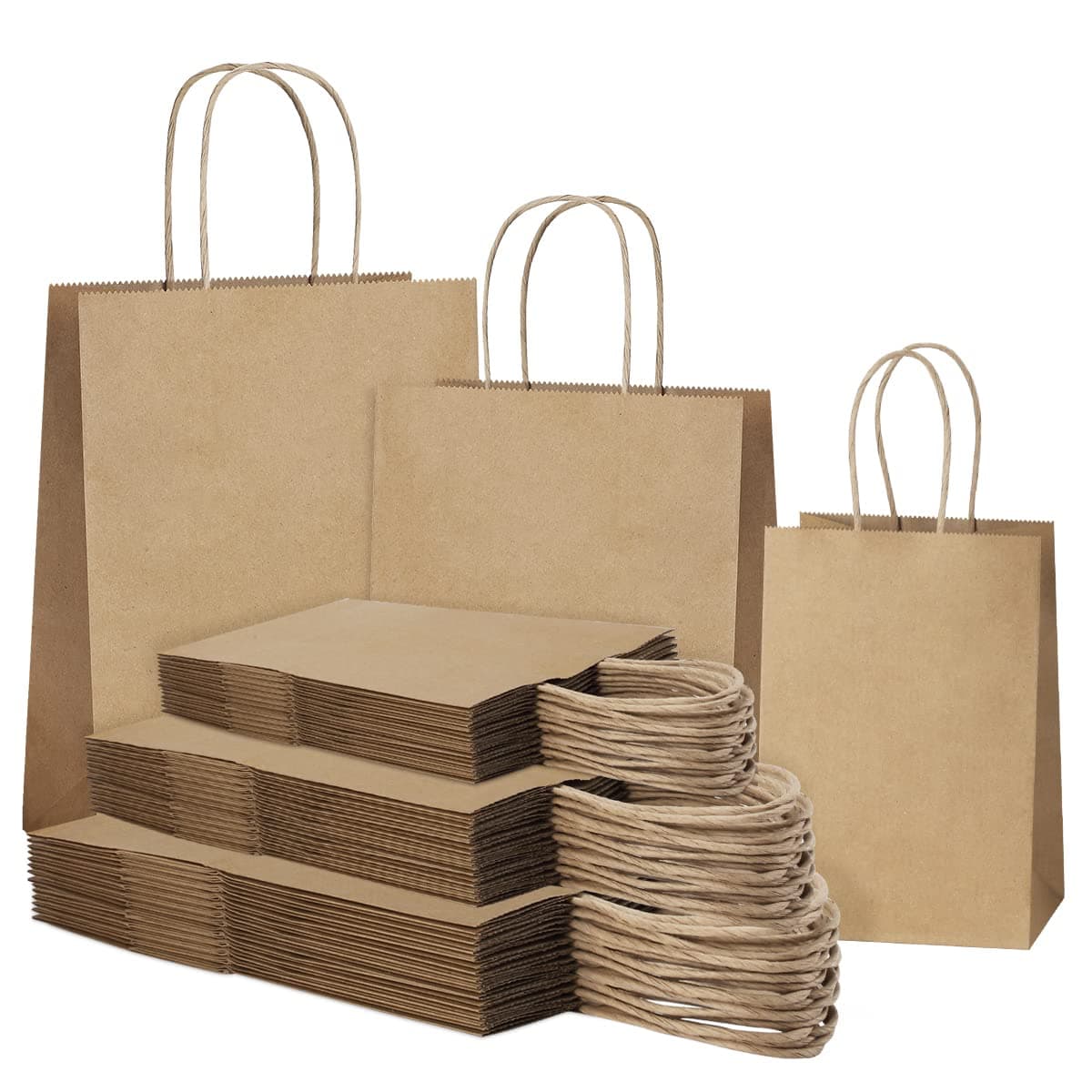 SHOPDAY 45Pcs Brown Paper Bags with Handles Assorted Sizes Gift Bags Bulk Kraft Paper Bags 5x3x8 8x4x105 10x5x13 15Pcs Each Bag for Handwork Shopping Bag for Small Business Goody Bag Party Bags