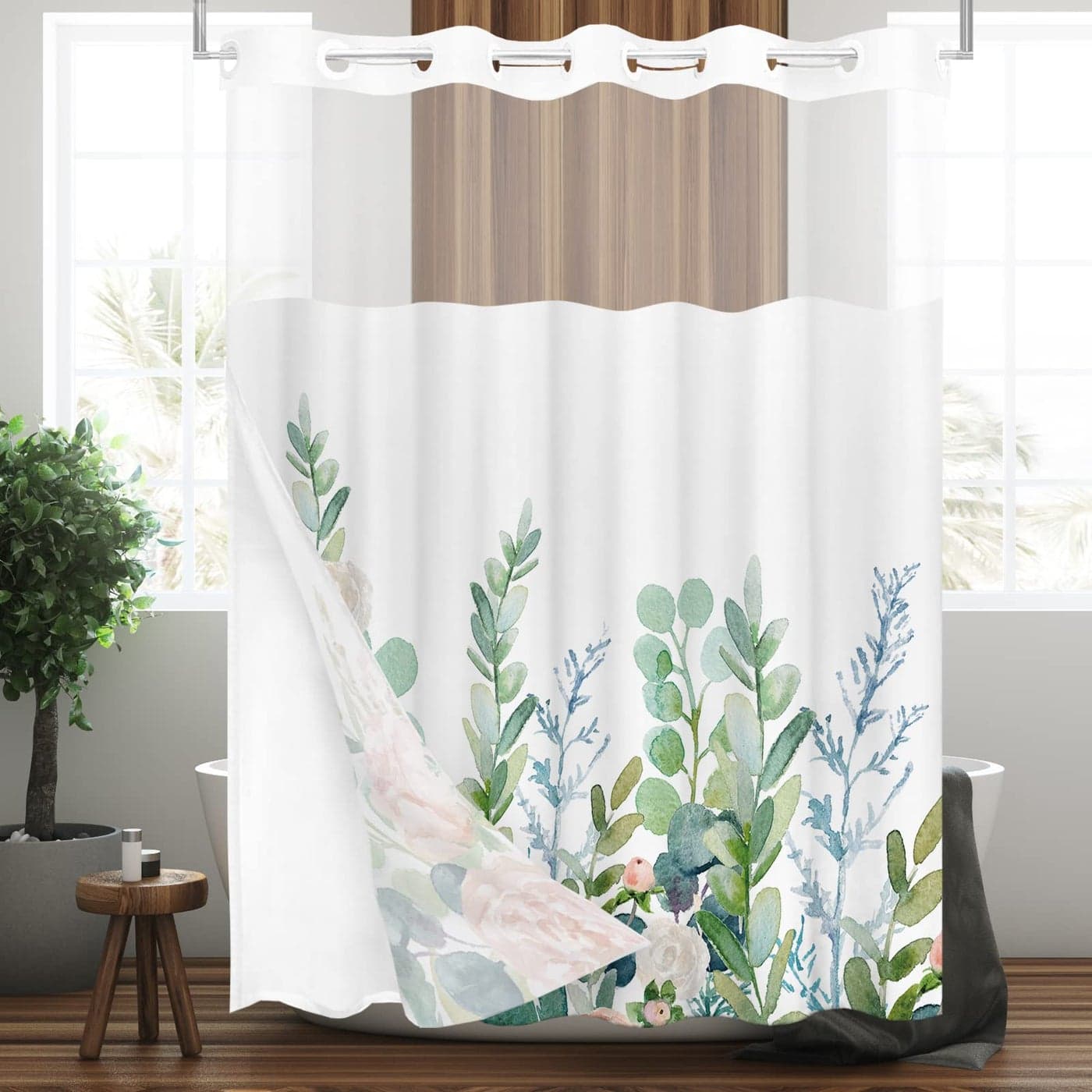 Tititex No Hooks Snap in Liner Aesthetic Blooming Floral Shower Curtain Sets Hotel Luxury Double Layers Waterproof Fabric SeeThrough Top Window Bathroom Decorative 72x72 Inch