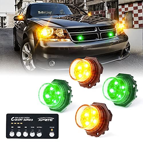 Xprite Amber Green LED Hideaway Strobe Lights Kit 20 Flashing Patterns w/Control Panel Headlights Taillights Fog Marker Light Mounting, for Roadside Emergency Vehicles Trucks SUV Vans 12V Cars 4 PCs