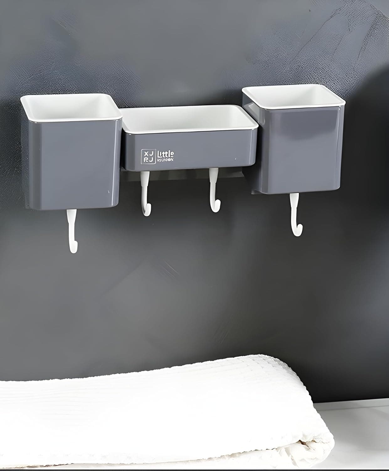 Jinila Wall Mounted Toothbrush Holder with Soap Dish and Hanging Hook Multipurpose Bathroom and Wash Basin Storage Organiser Pack of 1 Gray and Cream