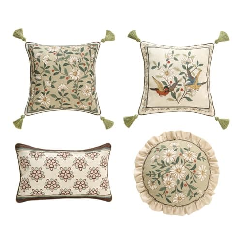 ISAENNE Design Green Floral Linen Throw Pillow Covers Set of 4, White Simple Elegant Daisy Pattern Cushion Covers Decor Lumbar Round Square Pillowcases for Bed,Living Room,Outdoor,Car