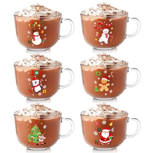 Vesici 6 Pcs Christmas Glass Coffee Mugs with Handle 16 oz Clear Christmas Glasses Winter Xmas Glass Mugs Santa Claus Snowman Cups Xmas Gift for Women Men Beverage Milk Hot Chocolate (Cute Style)