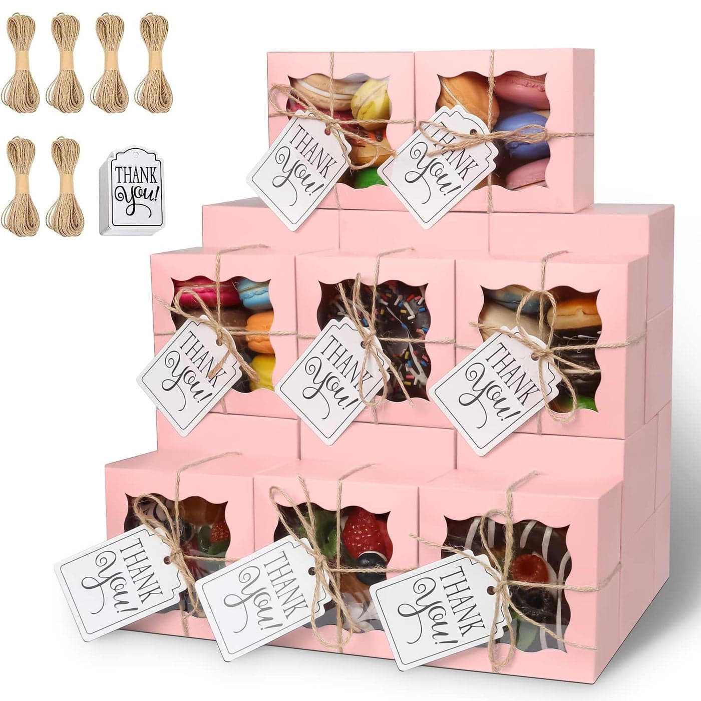 KPOSIYA 60 Pcs Pink Bakery Boxes with Window Individual Cupcake Boxes 4x4x25 Inches Cookie Boxes Kraft Paper Pink Gift Box for Pastries Cookies Pie Donuts Macaroon