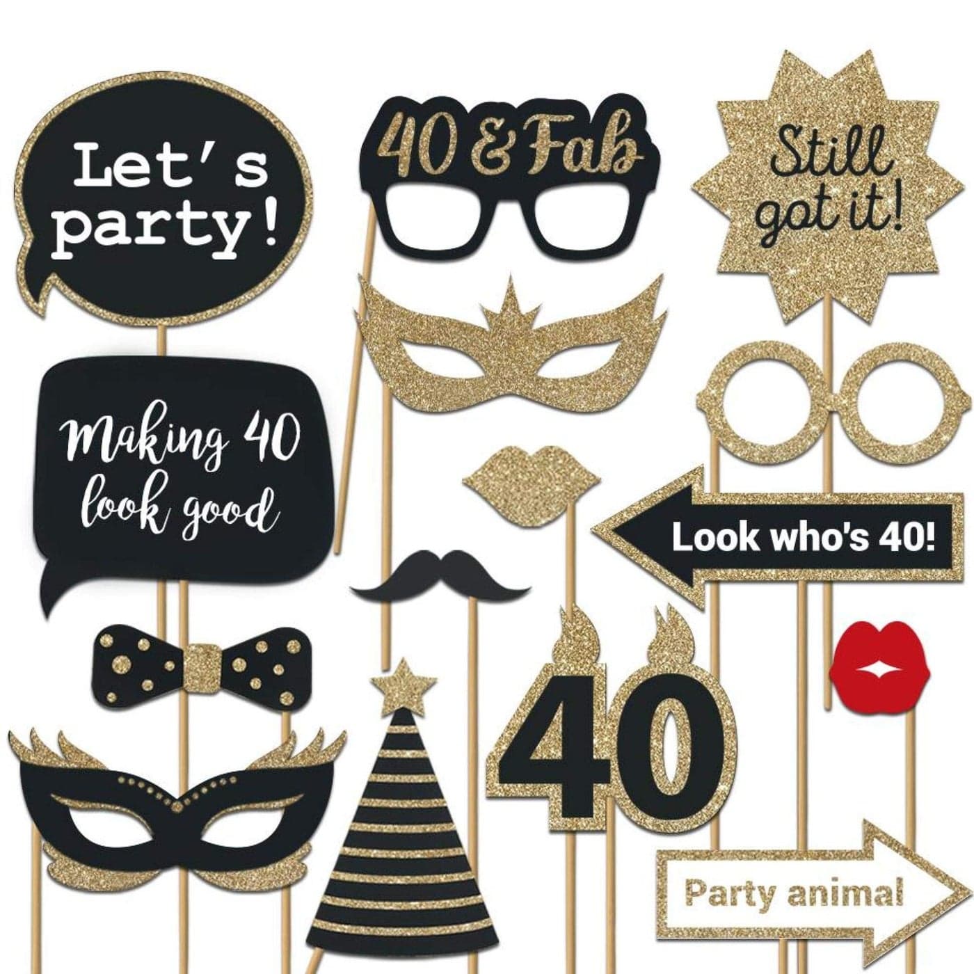 Fully Assembled 40th Birthday Photo Booth Props Set of 30 Black Gold Selfie Signs 40th Party Supplies Decorations Cute Bday Designs with Real Glitter Did We Mention No DIY