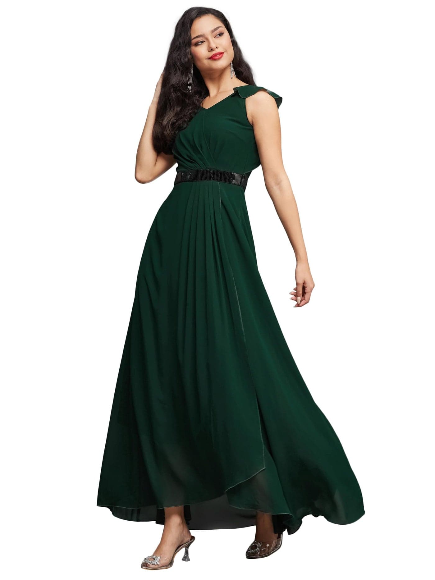 Miss Chase Women's V-Neck Ruffled Sleeve Solid Embellished Maxi Dress with Pockets (MCAW21D06-17-42-05, Dark Green, L)