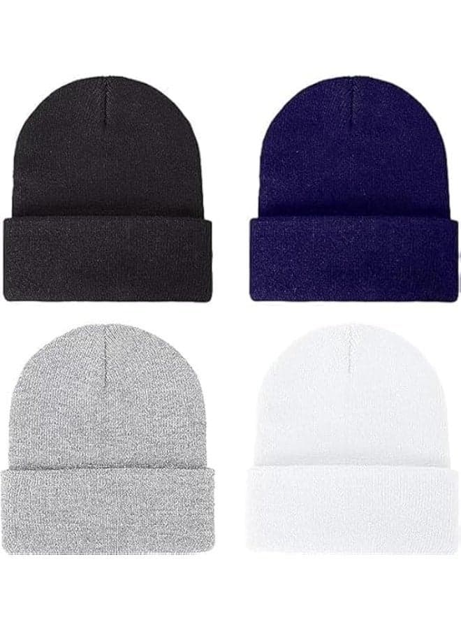 4 Pack Kids Beanie Hats, Winter Toddler Beanies, Stretchy Acrylic Kid's Knit Cuffed Beanie, Warm Skull Cap, Cold Weather Beanie Hats, Kid's Cuffed Cap, Beanies for Boys Girls
