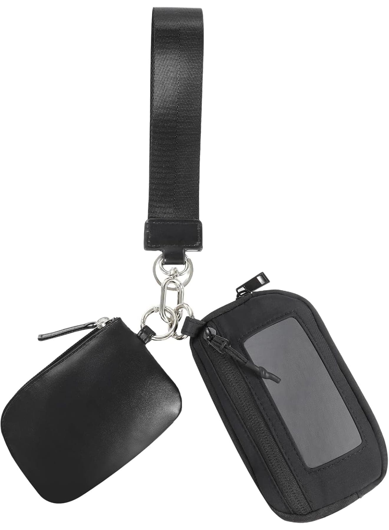 Mini Zip Around Wristlet Keychain Wallet for Women, Dual Pouch Detachable Coin Purse, Portable Small Wallet with Zipper Pocket & ID Window for Travel Workout Running Hiking(Black)
