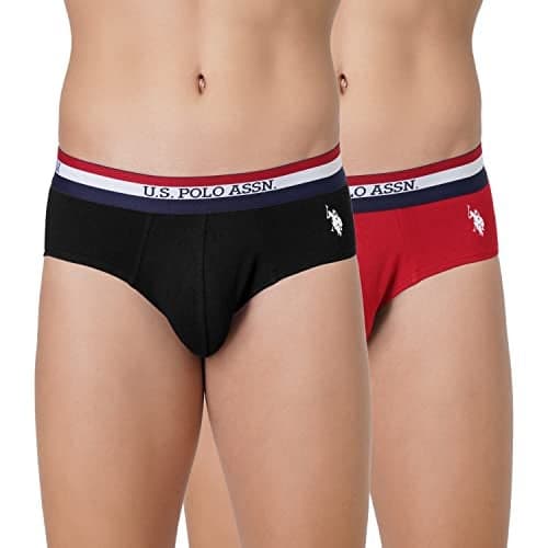 U.S. POLO ASSN. Mens EB002 Anti Microbial Signature Cotton Stretch Underwear Brief -Pack of 2 Black/Red