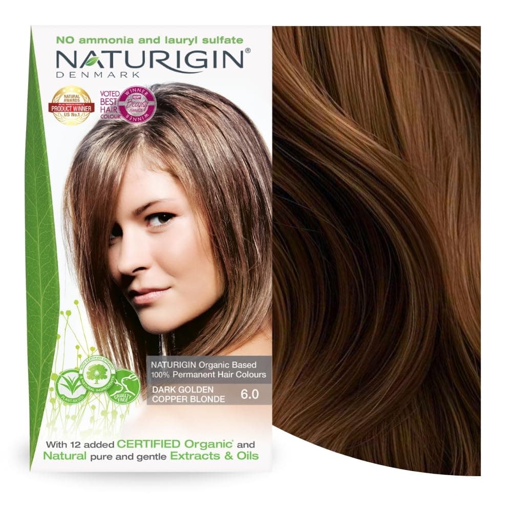 Naturigin Permanent Hair Dye, 6.0 Dark Golden Copper Blonde, Ammonia and Paraben Free, up to 100% Gray Hair Coverage, Long Lasting, Vegan, Cruelty Free