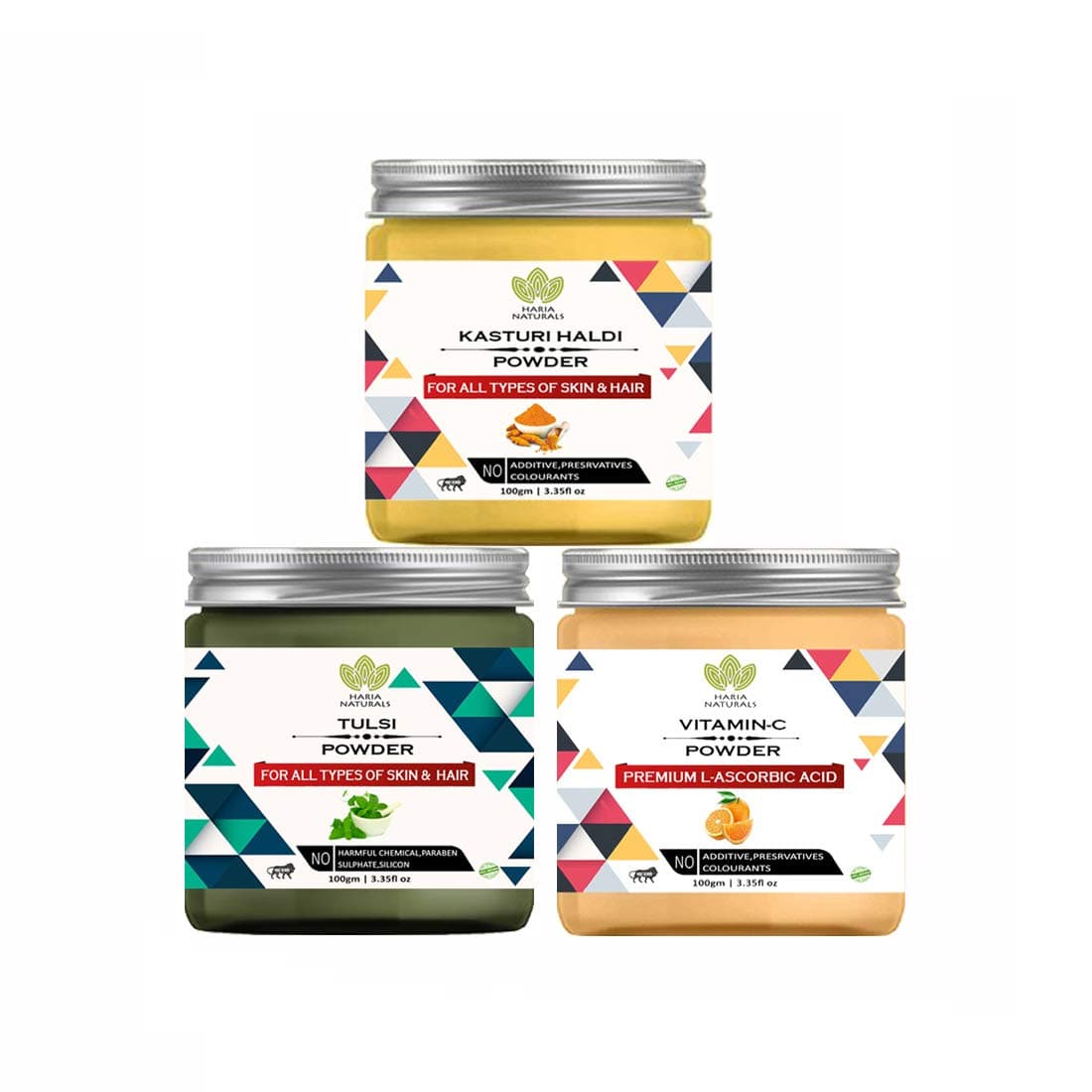 Haria Naturals 100 Pure Naturals Kasturi Haldi Powder 100gm Tulsi Powder 100gm VitaminC Powder 100gm Pack Of 3 300GM