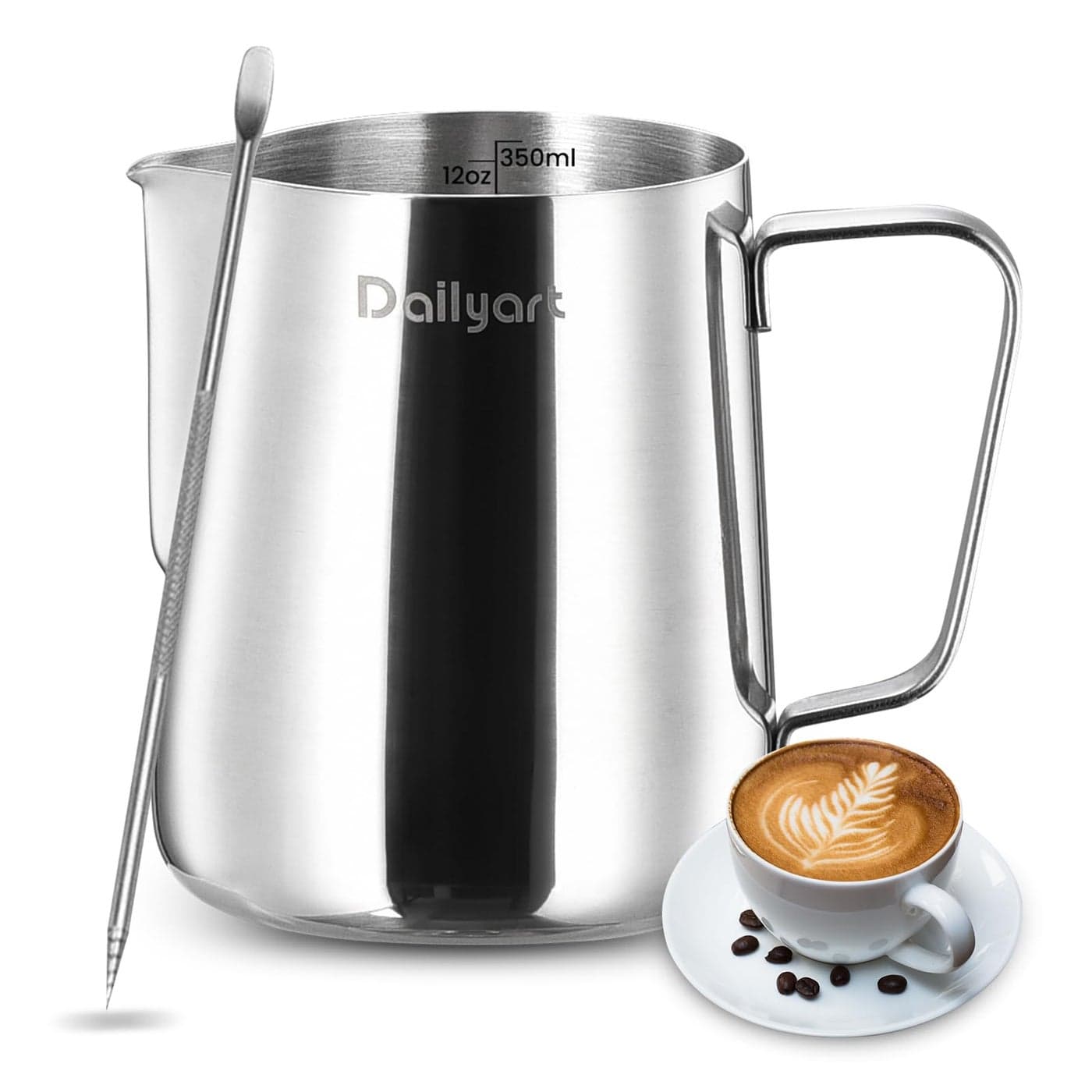 Milk Frothing Pitcher Dailyart 12oz350ml Milk Frother Cup 304 Stainless Steel Milk Steamer Cup with Scale Espresso Machine Accessories Milk Pitcher with Art Pen for Cappuccino Coffee Latte Art