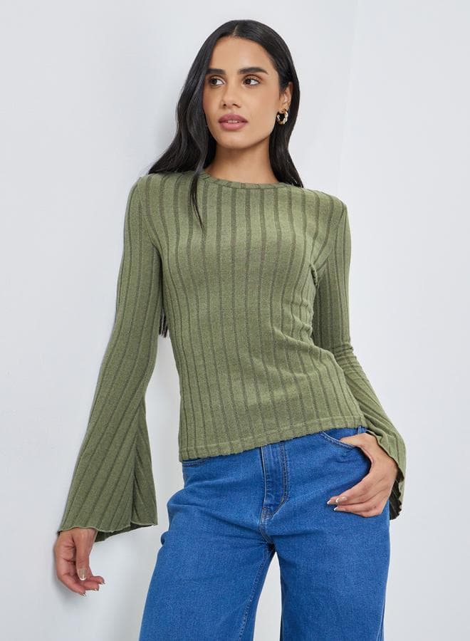 Styli Textured Flared Long Sleeve Knit Top