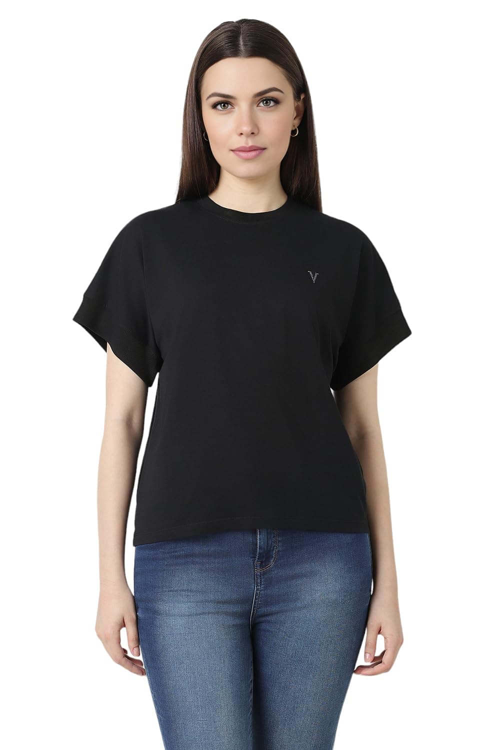 Van Heusen Women Cotton Solid Regular Fit T-Shirt (VWCTURGPQ48480_Black S)