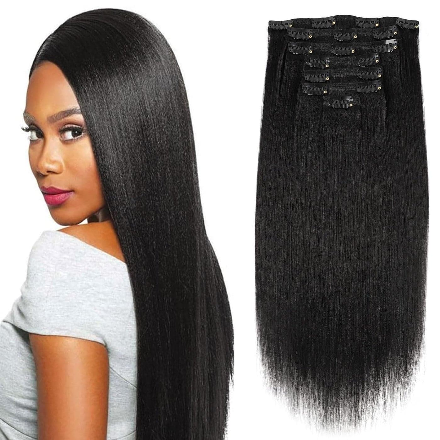 Sassina Real Remy Thick Yaki Straight Clip in Virgin Human Hair Extension Natural Black Double Wefts for African American Black Women 7 Pieces 120g with 17 Clips YS 18 Inch