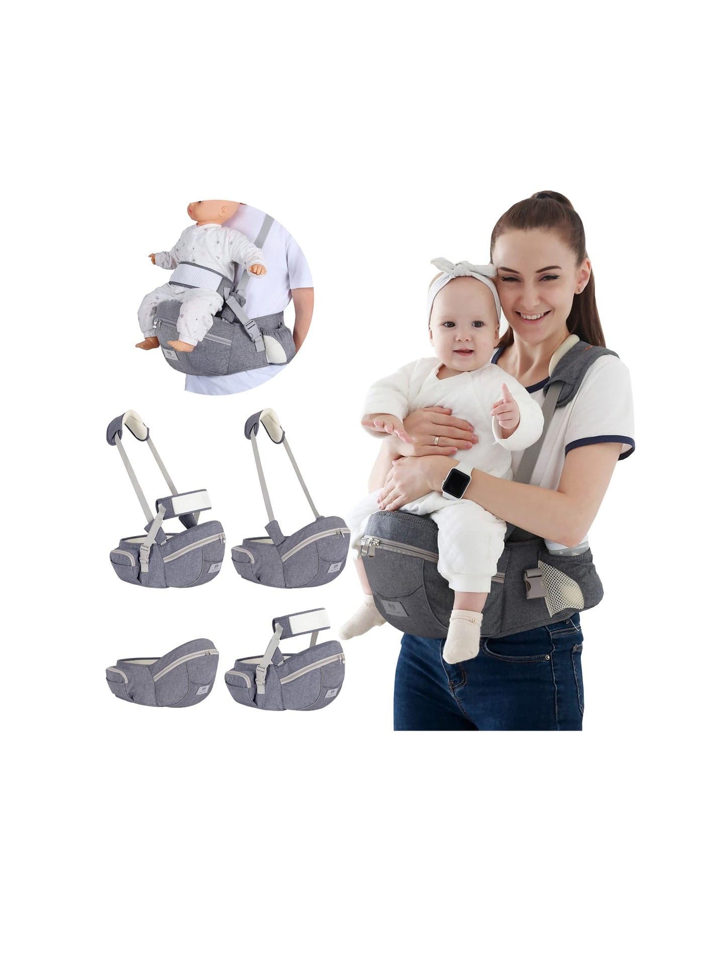 Baby Carrier with Hip Seat, Newborn to Toddler, Adjustable Holder Carrier, Ergonomic Soft for 8-45lb, 0-36 Months (Gray)