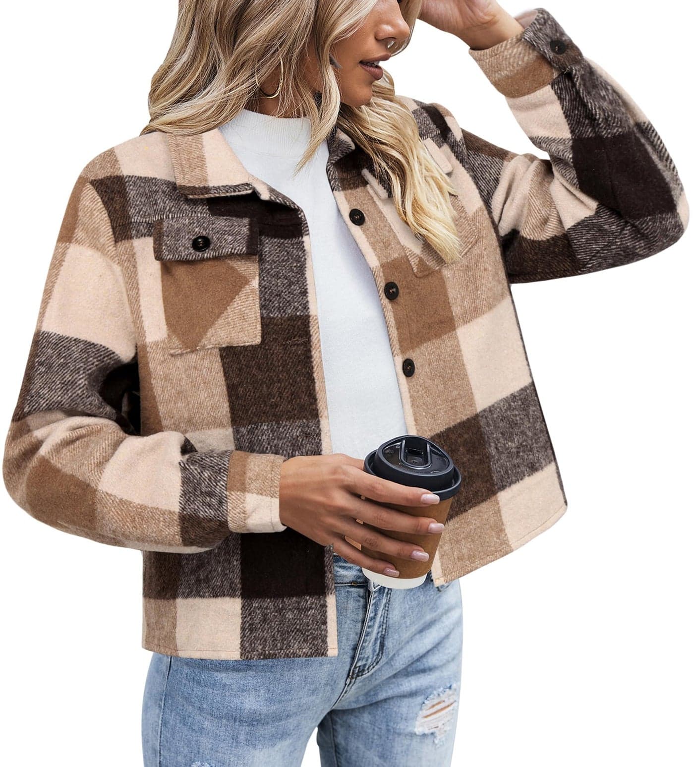 Zeagoo Flannel Cropped Plaid Jacket Wool Blend Shacket Button Down Shirt Casual Long Sleeve Coat Halloween