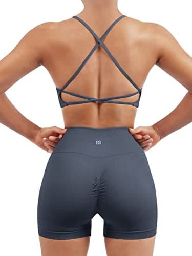 SUUKSESS Women Seamless 2 piece Workout Sets Strappy Padded Sports Bra Booty High Waisted Shorts Outfits (Blue,S)