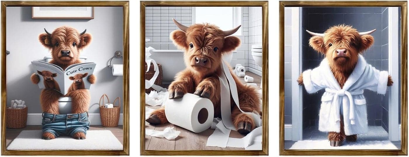TWNSLLA Highland Cow Bathroom Decor Wall Art,Farmhouse Bathroom Wall Art Cow on Toilet Pictures Wall Decor,Funny Animal Art Prints for Restroom Signs,Unframed,11x14inchx3pc