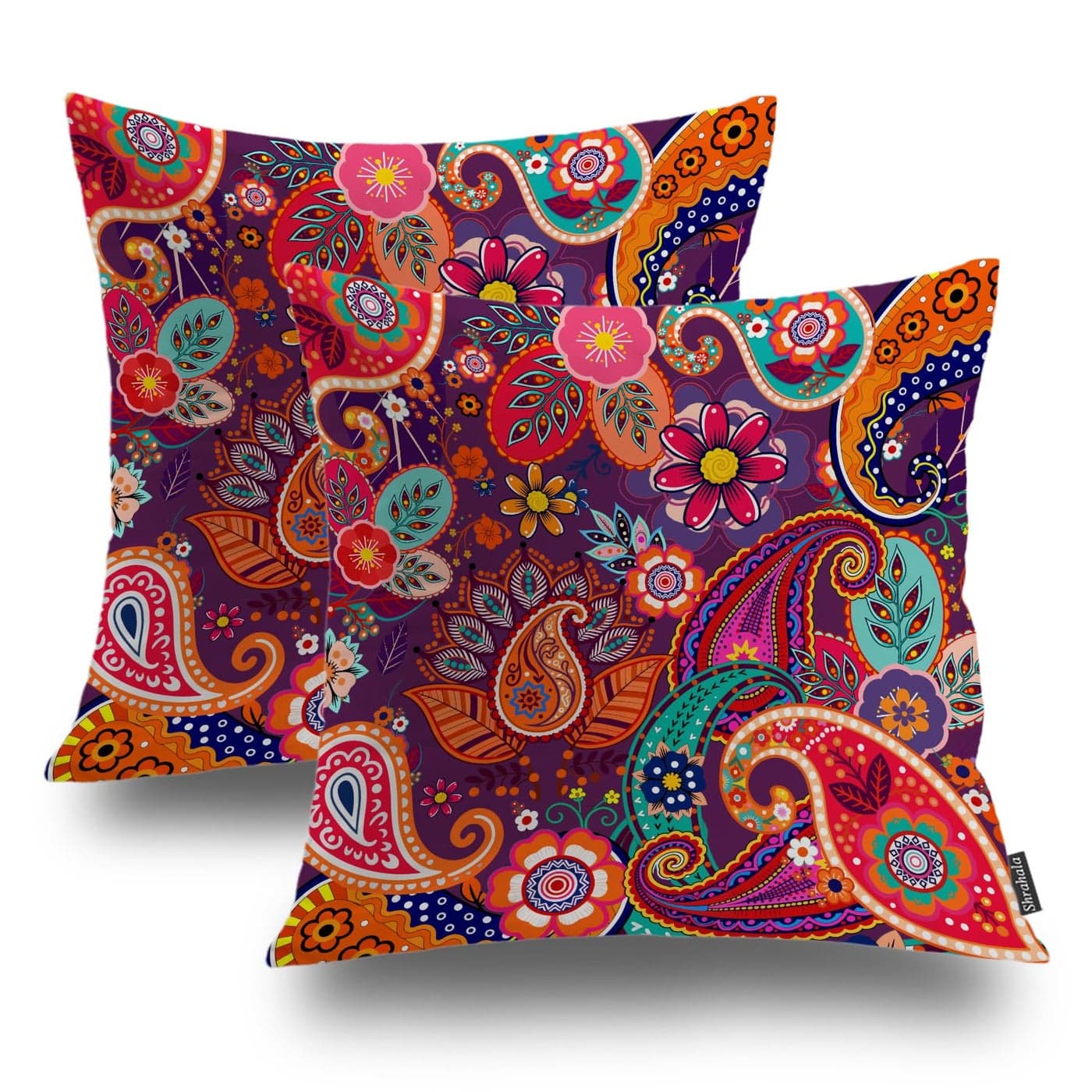 Shrahala Red Paisley Indian Decorative Pillow Covers Chinese Colorful Flowers Pattern Floral Ethnic Indian Asian Cushion Case Sofa Bedroom Throw Pillow Covers Square 20 x 20 inches Red Set of 2