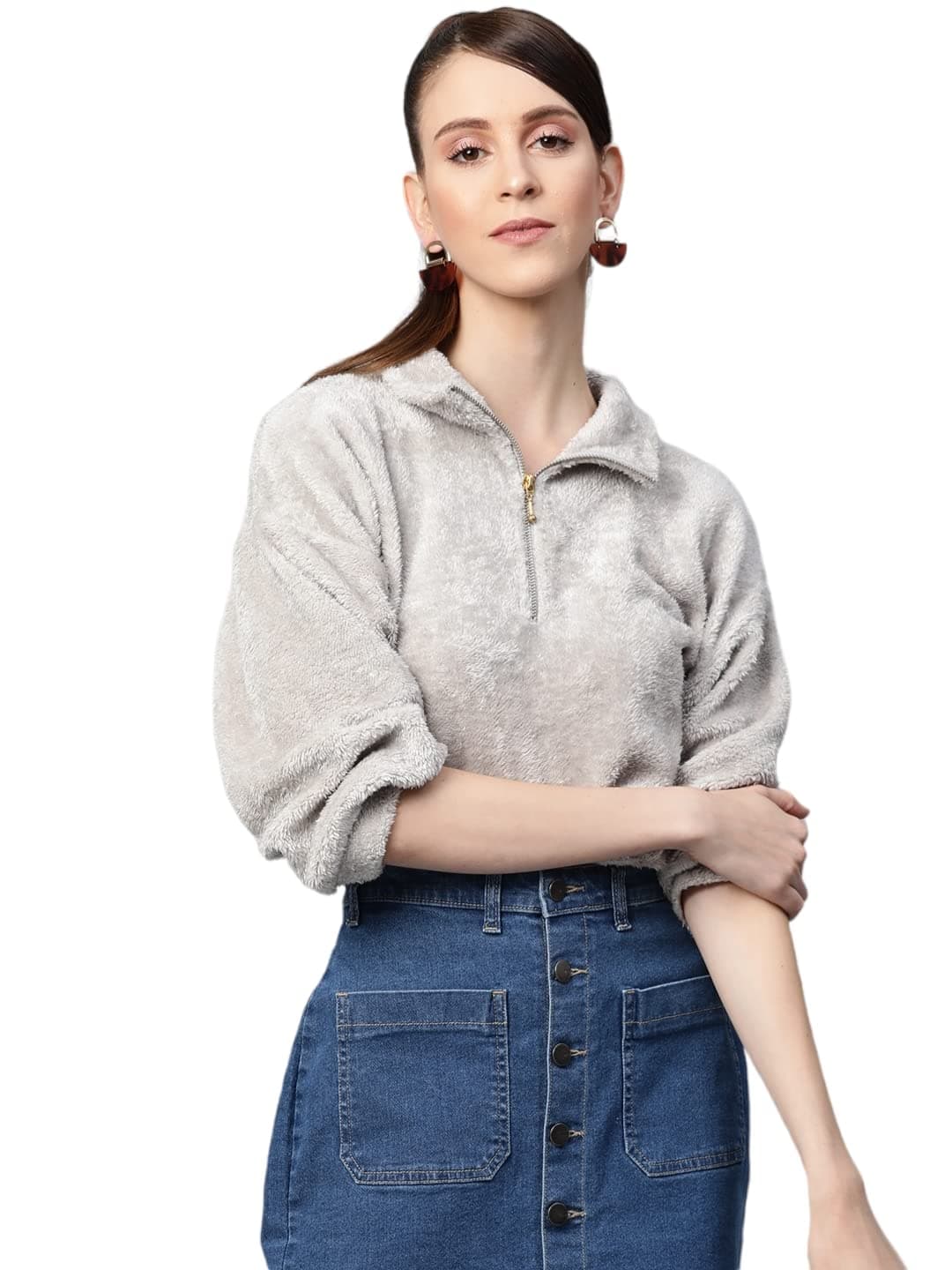 SASSAFRAS Grey Zip Front Faux Fur Crop Sweatshirt
