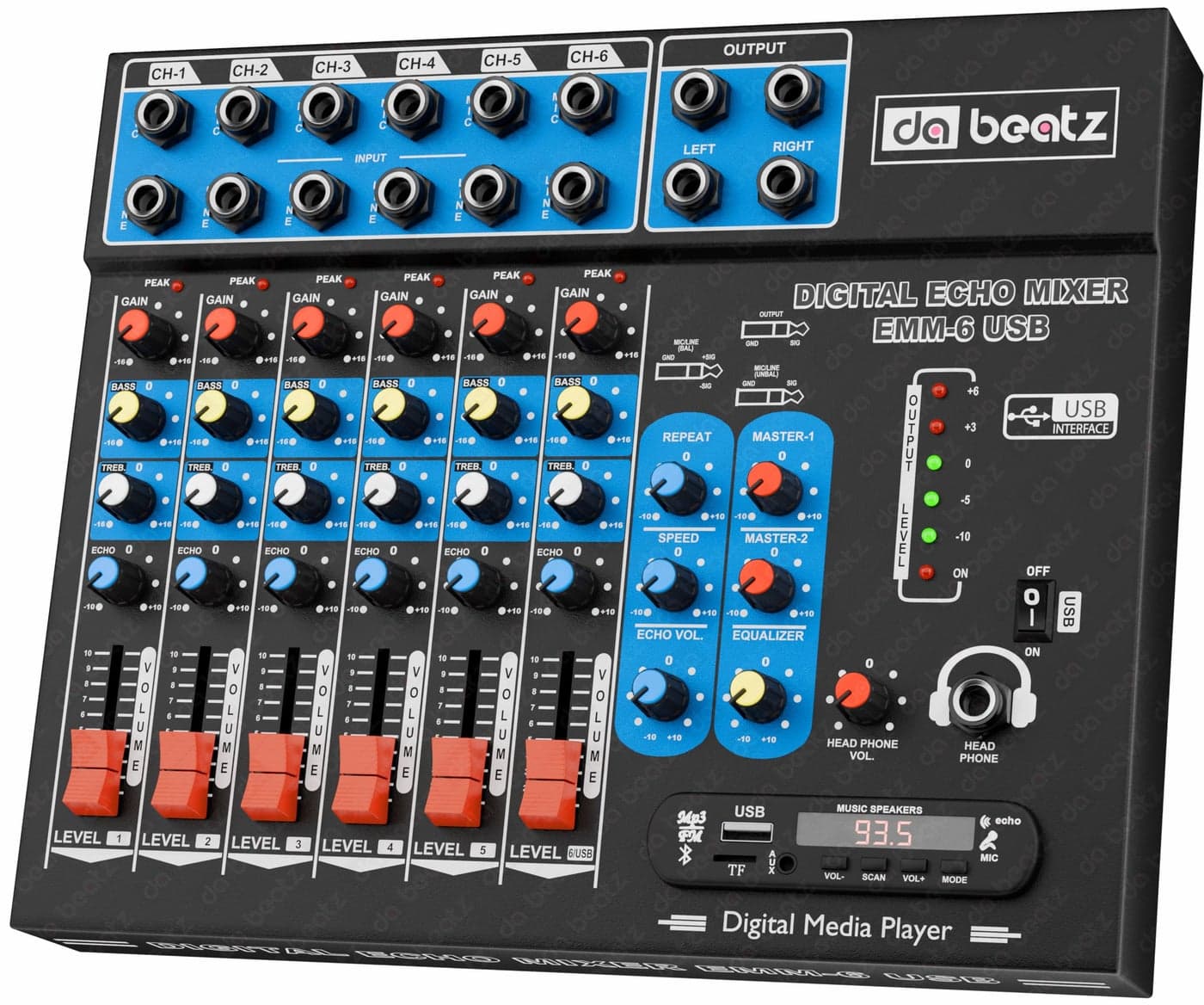DaBeatz 6-Channel Stereo Echo DJ Sound Mixer with USB and Bluetooth for Parties, Stage Effects, Weddings, Diwali Giving Your Occasion an Impressive Output. (Black)