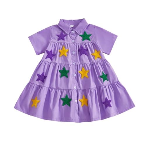 Toddler Baby Girl Mardi Gras Outfit Short Sleeve Lapel Neck Star Embroidery Dress Playwear Carnival Clothes (Purple, 2-3 Years)