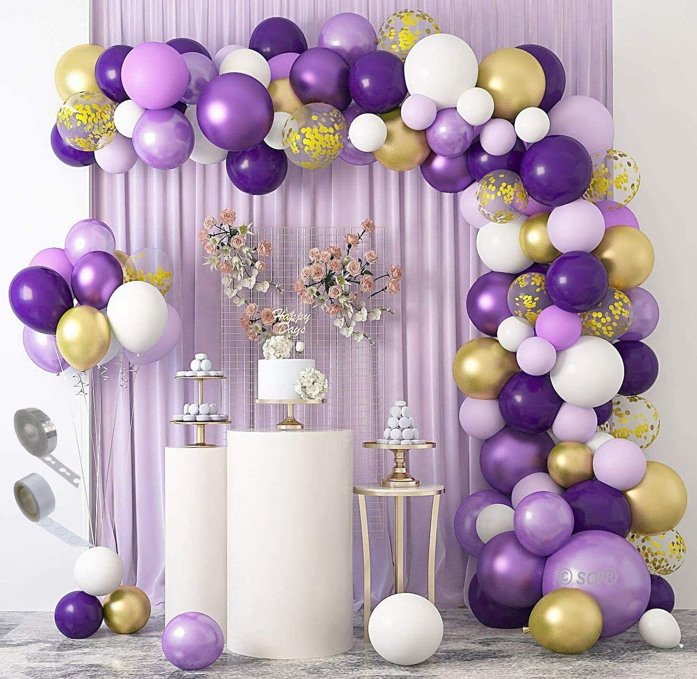 SOI HD Rubber Purple White Gold Theme Metallic & Chrome Confetti Balloons Garland Arch Kit Decoration for Wedding/Bride to be Party/Birthday/Baby Shower Party Decorations (Purple, White, Gold)