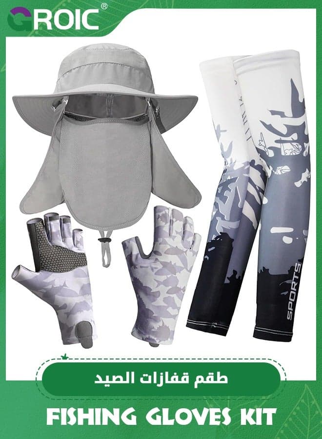 3Pcs Fishing Gloves Kit for Men and Women Fishing Hat Wide Brim Sun Hat with Removable Mesh Face Cover and Neck Flap Breathable Sun Sleeves Cool Arm Sleeves for Fishing Hiking Kayaking Camping