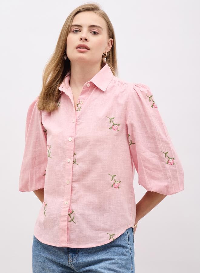 Embroidered Balloon Sleeve Spread Collar Shirt