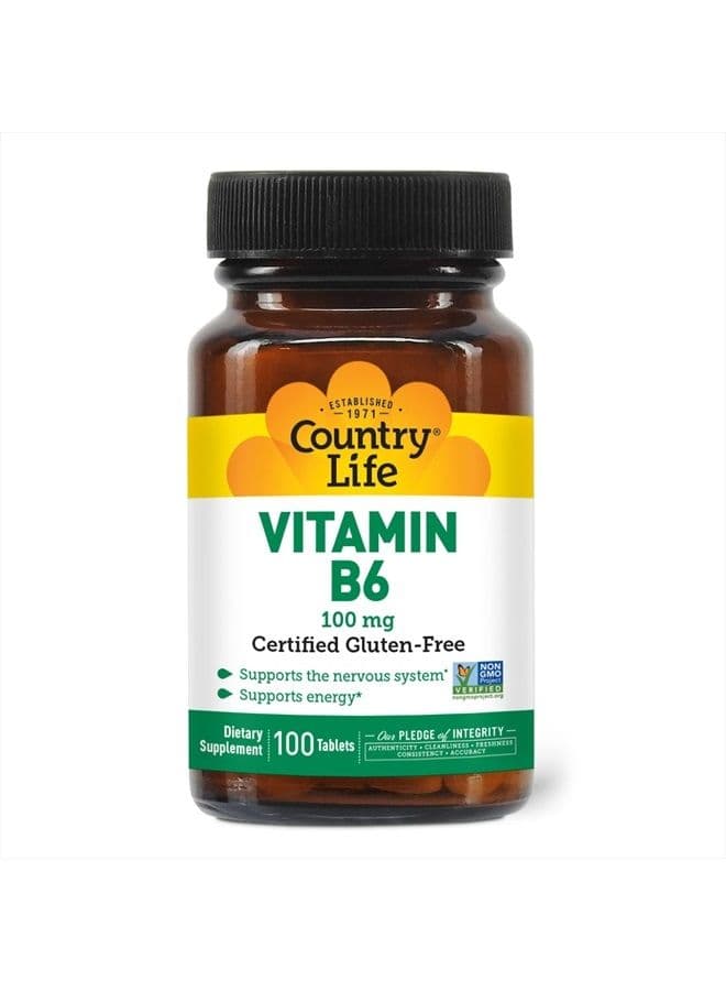Vitamin B-6, Supports Energy and The Nervous System, 100mg, 100 Vegan Capsules, Certified Gluten Free, Certified Vegan, Certified Halal, Non-GMO Verified