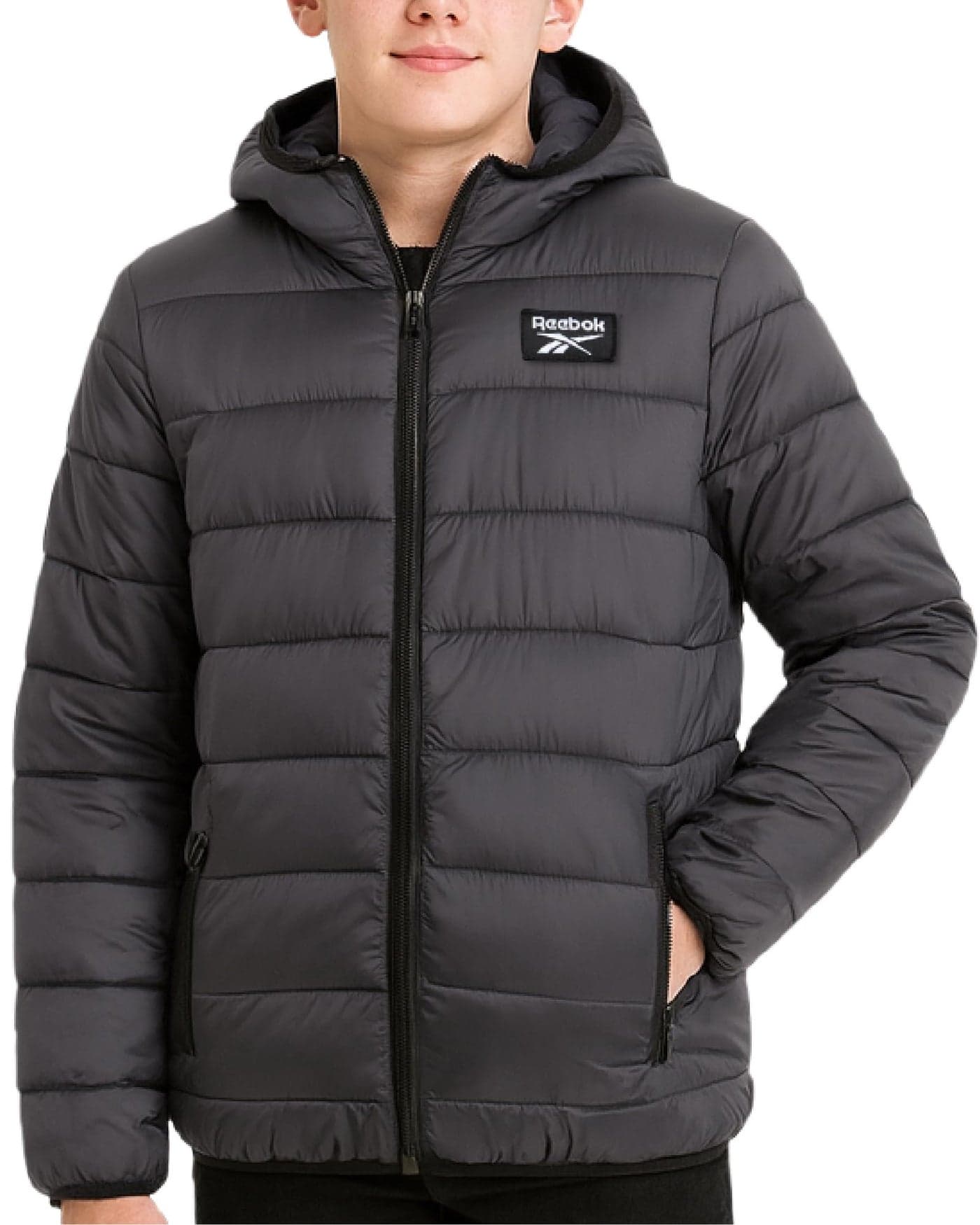 Reebok Boys Winter Coat - Lightweight Insulated Puffer Jacket - Wind & Water Resistant Quilted Hooded Winter Jacket for Boys, Size 10-12, Charcoal