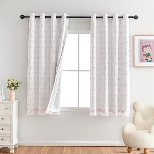 MYSKY HOME Pink Pom Pom Blackout Curtains for Girls Bedroom 63 Inch Long 100% Blackout Curtains for Kids Room 2 Panels Room Darkening Small Window Treatment Grommet 2 Layered Drapes Toddler 52W x 63L