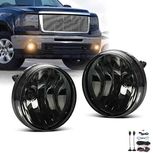 SPIEGEER Fog Lights Assembly for 2007 2008 2009 2010 2011 2012 2013 GMC Sierra 1500 Replacement Fog Lamp Kit for 2007-2014 Sierra 2500 3500 HD with Switch & Wiring H8 12V 35W Halogen Bulb Smoke Lens