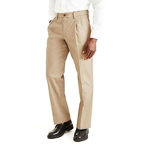 Dockers Men's Classic Fit Signature Khaki Lux Cotton Stretch Pants - Pleated (Regular and Big & Tall), Timberwolf, 36W x 29L