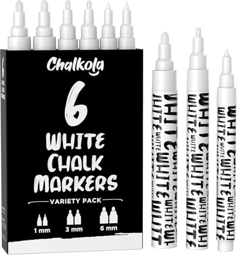 Chalkola White Chalk Markers White Dry Erase Liquid Chalk Pens for Chalkboard Blackboard Window Bistro Car Glass Board Signs Variety Pack of 6 2x 1mm 3mm 6mm