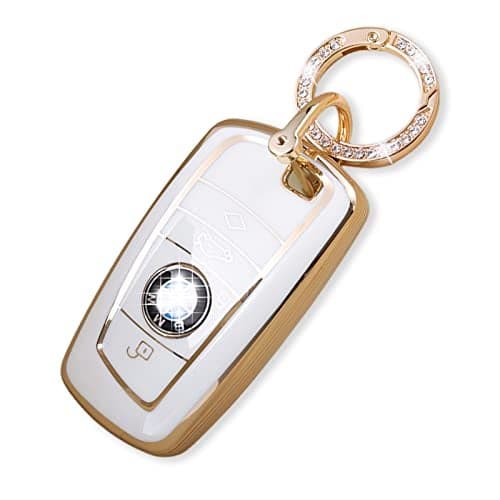 RFSRZ Car Key Fob Cover Case Fits for BMW,TPU Full Protection for BMW M5 M6 GT3 GT5 1/3/4/5/7 Series X1/X3/X4/X5/X6 2009-2012 2013 2014,Bling Gold White Holder Accessories (B-White)