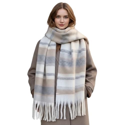 Alexvyan Winter Beige & off White Multicolor Lining Blanket Feel Thick Scarf With Long Fringe Warm Long Scarves Cum Stoles Woolen Women Casual Scarf Soft Wrap for Casual Formal Occassions- 200CM*40 CM