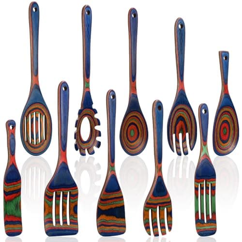 Teenyyou 10 Pcs Pakkawood Kitchen Utensils Set Blue Rainbow Pakkawood Wooden Spoons for Cooking with Spatula, Slotted Turner, Rice Paddle Long Handle Non Stick Utensils Set for Household Women Gifts