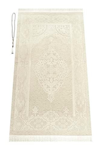 ihvan online Muslim Prayer Rug with 99 Beads Tasbih, Soft Chenille Sajadah, Lightweight & Foldable Janamaz, Portable Travel Prayer Mat, Islamic Gift for Eid, Ramadan, Hajj & Umrah, Cream