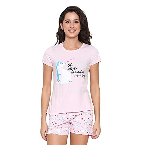 Real Basics Women's Cotton Printed Pyjama Set (Shorts & Top, Rb-W-Shortset-Xl-P1-Pinkmorning_Pink_X-Large, Casual Style)